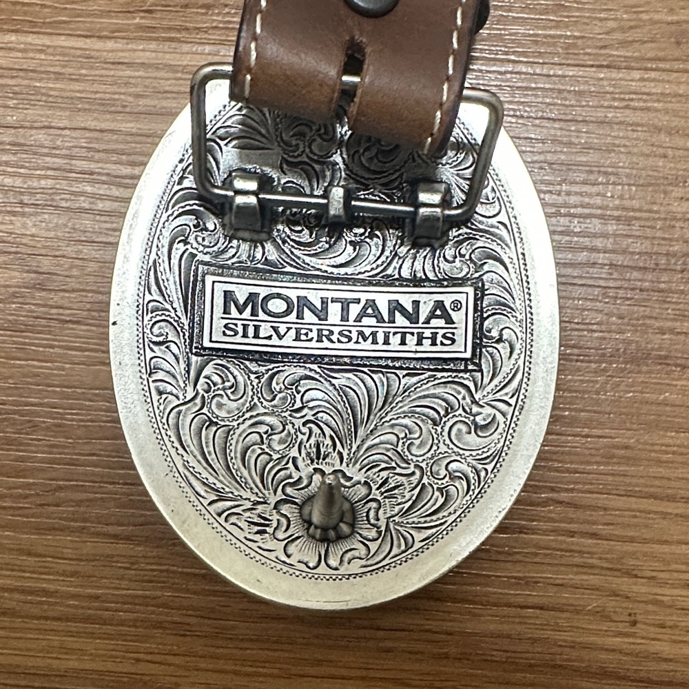 Montana Silversmiths Brown Leather Belt with Silver Buckle - Picture 3 of 6